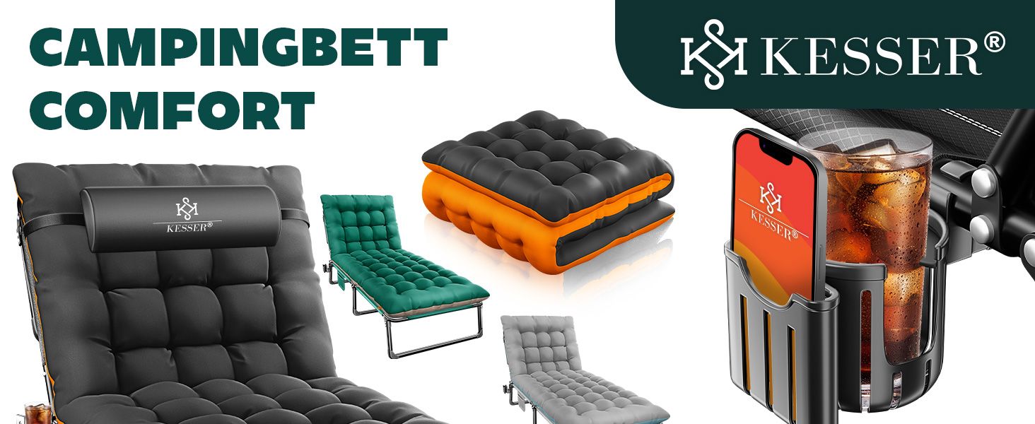 Кемпінгове ліжко KESSER® розкладне, 190x68x30 см, до 250 кг, з Oxford тканини та сталевим каркасом + сумка, подушка, кишеня та тримач для напоїв, для кемпінгу