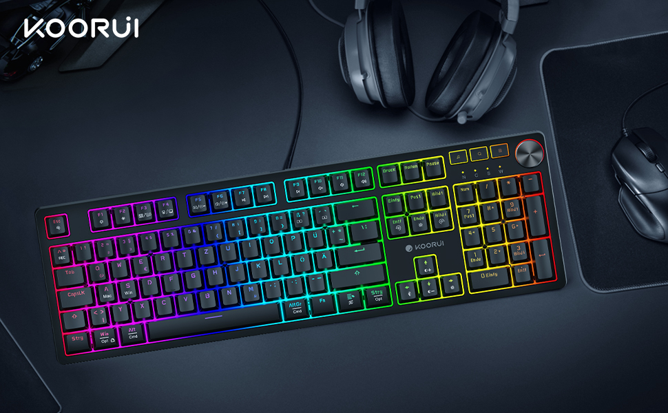 Механічна ігрова клавіатура KOORUI з підсвічуванням RGB, QWERTZ, 104 клавіші, для Windows/MacOS/Linux