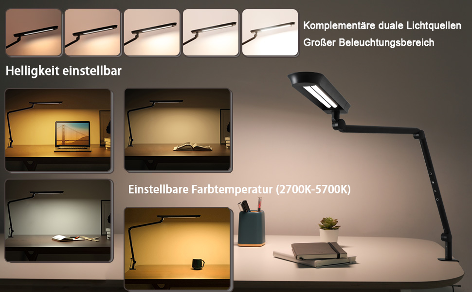 LED лампа настільна з кліпсою, 18W, 1100 люменів, регульована, для офісу та дому, без відблисків, захист очей, білий (чорний)