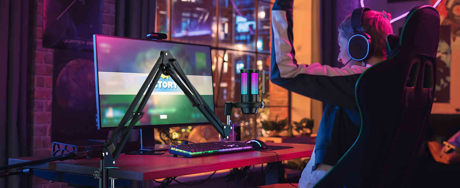 Мікрофон для комп'ютера NJSJ Gaming з тримачем, USB для PC, MAC, PS4/PS5: з кнопкою вимкнення звуку, навушниками, поп-фільтром, конденсаторний кардіоїдний для стрімінгу та подкастів (Чорний)