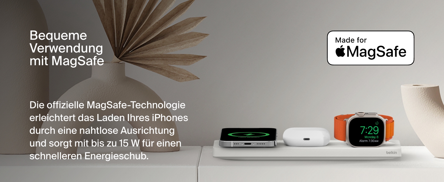 Belkin MagSafe Бездротовий зарядний пристрій 3-в-1 MFi для iPhone 16/15/14/13/12, Apple Watch, AirPods (Білий)