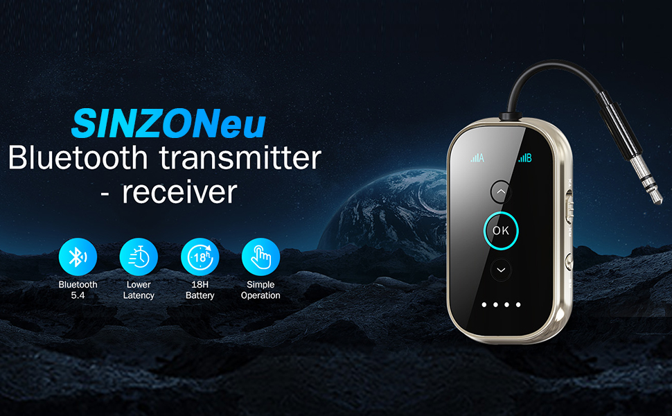 Bluetooth 5.4 адаптер-ресивер 2-в-1 SINZONeu з aptX HD та Dual Link для ТВ, авто та літака, підтримка двох навушників одночасно