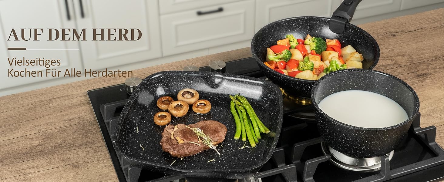 Набір посуду керамічний 23 предмети з антипригарним покриттям та знімними ручками, чорний. Підходить для всіх типів плит, включаючи індукційні. Сковороди 20/26 см, каструля 18 см, сотейник 24 см, жароміцний.