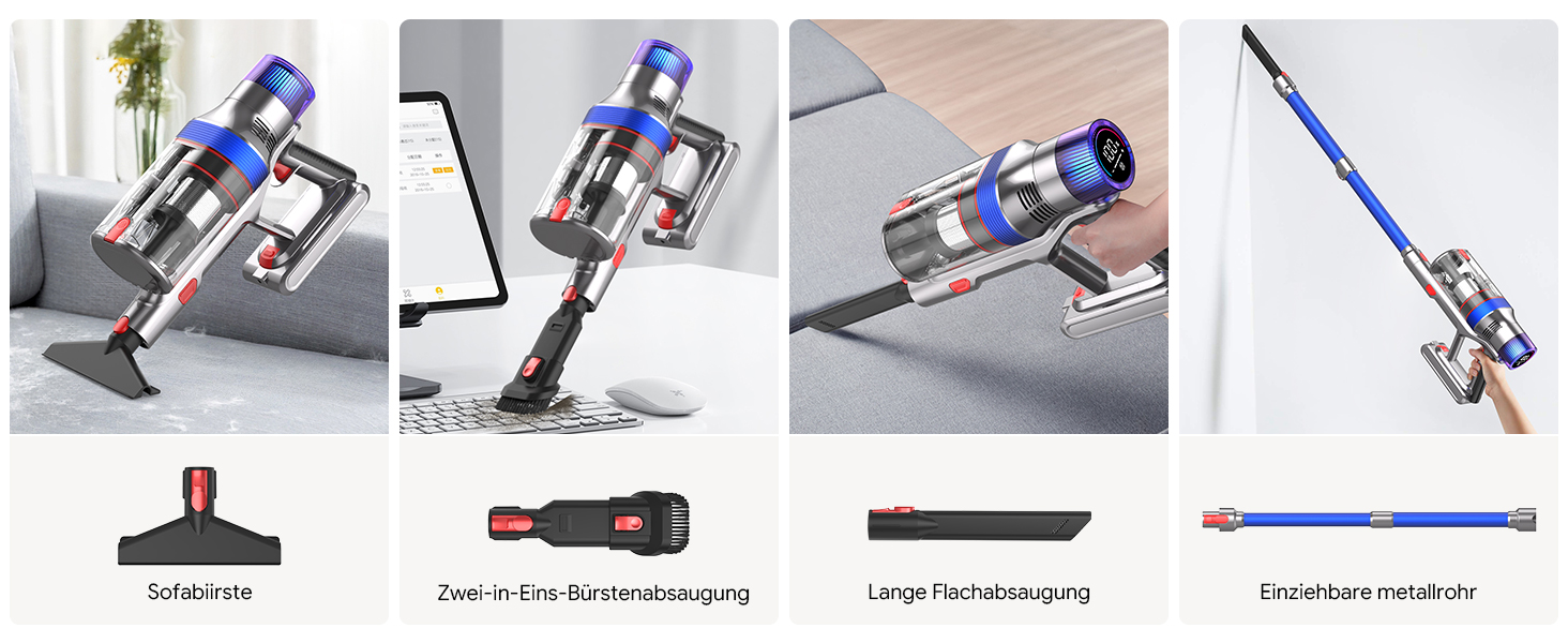 Бездротовий пилосос REBANIC S18 Max з дисплеєм, 600 Вт, 75 хвилин роботи, 58000 Па, об'єм контейнера 2 л, для твердих підлог, килимів, шерсті тварин, блакитний