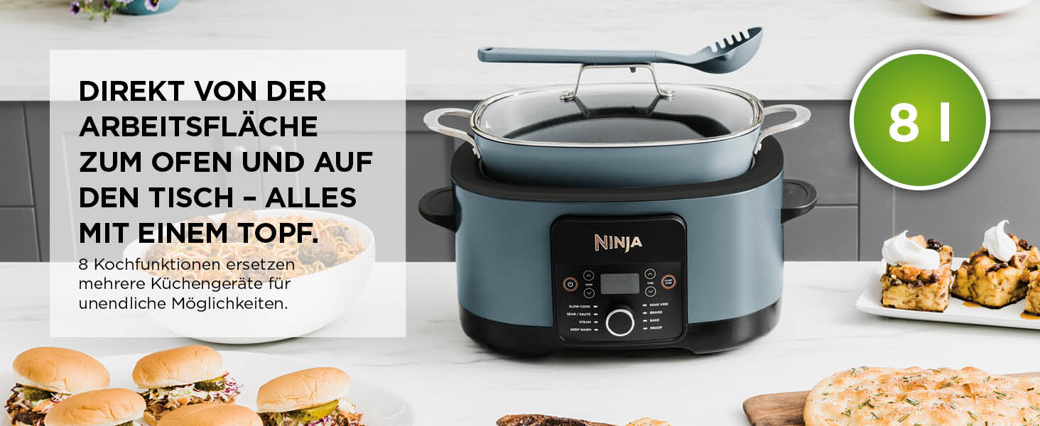 Ninja Foodi PossibleCooker 8 л: мультиварка 8-в-1, мультикочер, сковорода, пароварка, для 8 порцій, сірий колір, MC1001EU
