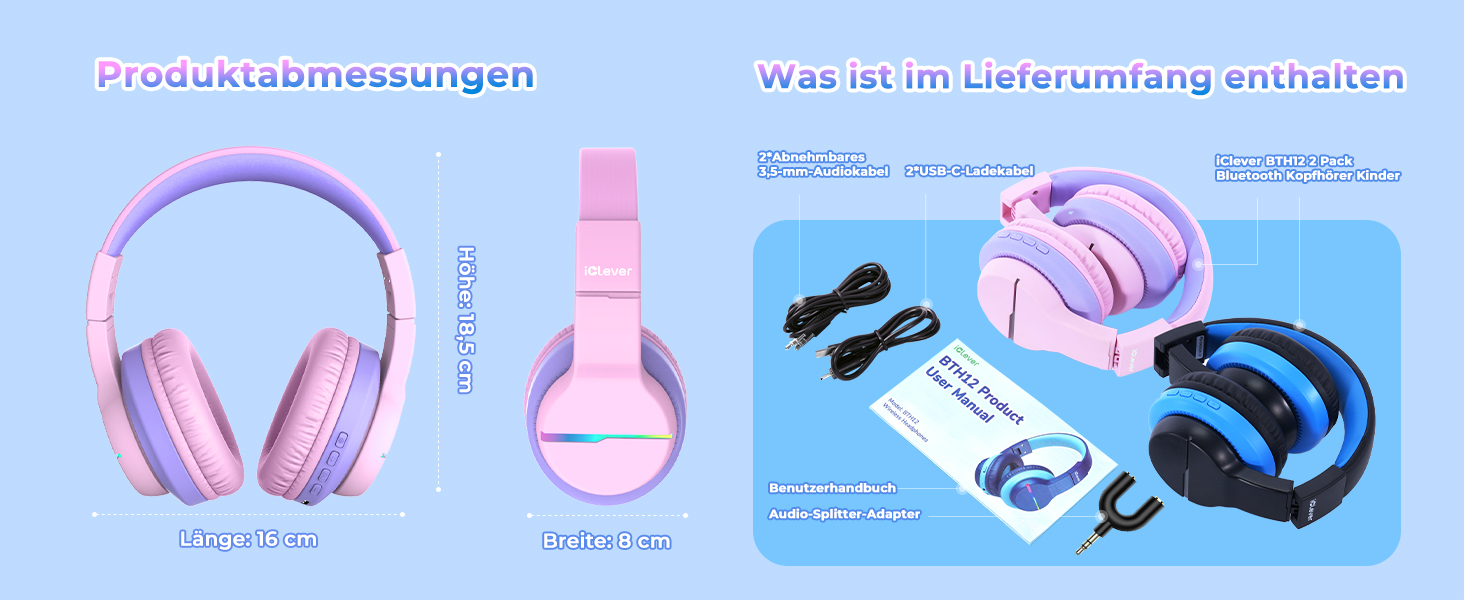 iClever Бездротові навушники для дітей 2 шт. з LED-підсвічуванням, Over-Ear, обмеження гучності 74/85 дБ, 85 годин роботи, Bluetooth 5.2, мікрофон, чорний/рожевий