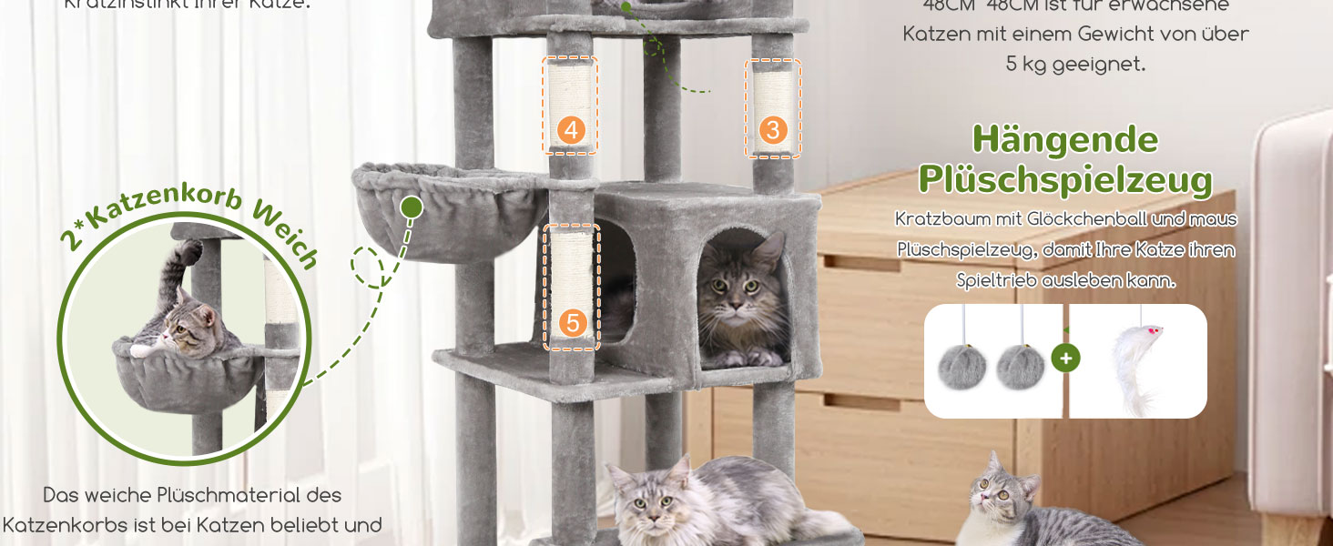 Драбина для котів Globlazer XXL, 188 см, з будиночком, платформами та кошиками. Стабільна, не перекидається, для великих котів, сірий