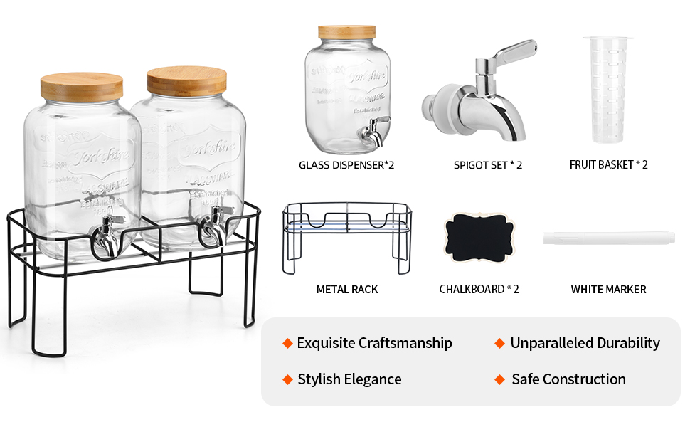 2 x 4-літрові диспенсери для напоїв зі стійкою, скляні диспенсери для напоїв з нержавіючою сталею, для газованої води, лимонаду, домашніх напоїв, вечірок, свят