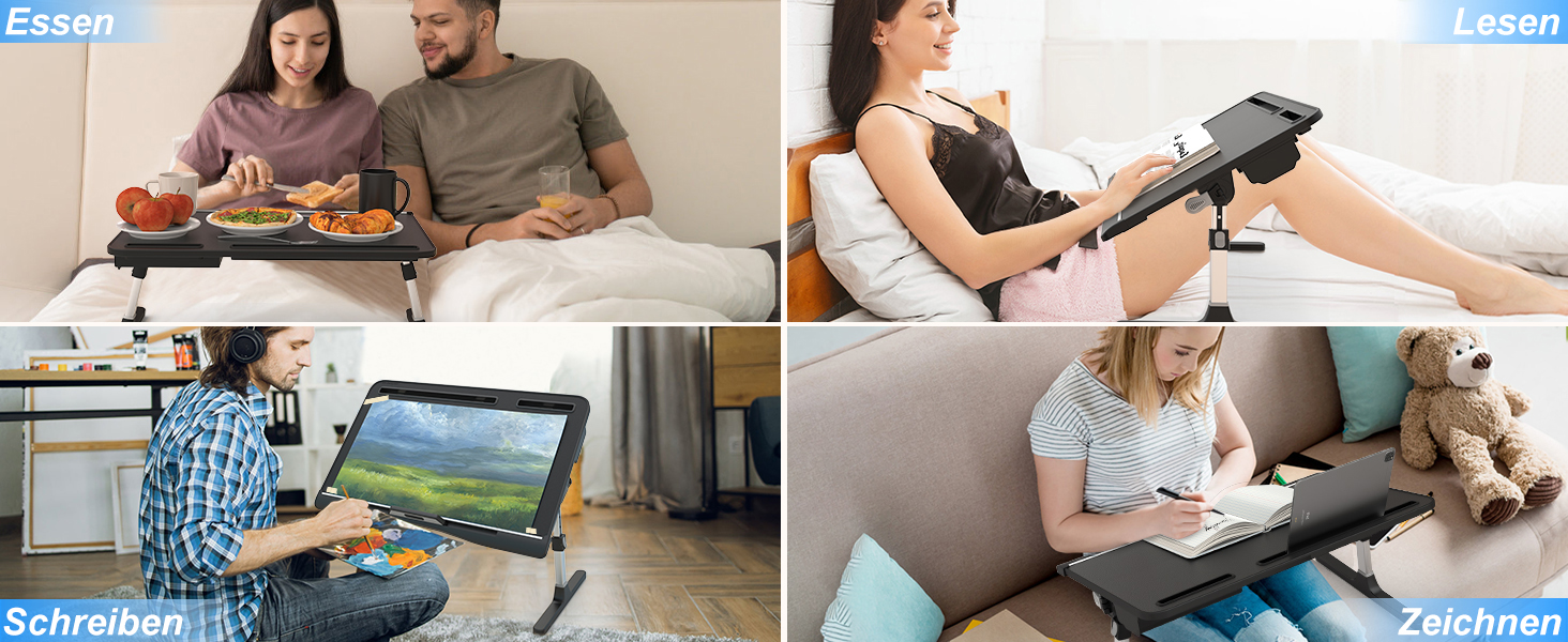 Стіл для ноутбука Potuopy з регульованою висотою та кутом нахилу, складний, великий розмір (60*40 см), чорний, з еко-деревом для роботи, читання та їжі на ліжку/дивані