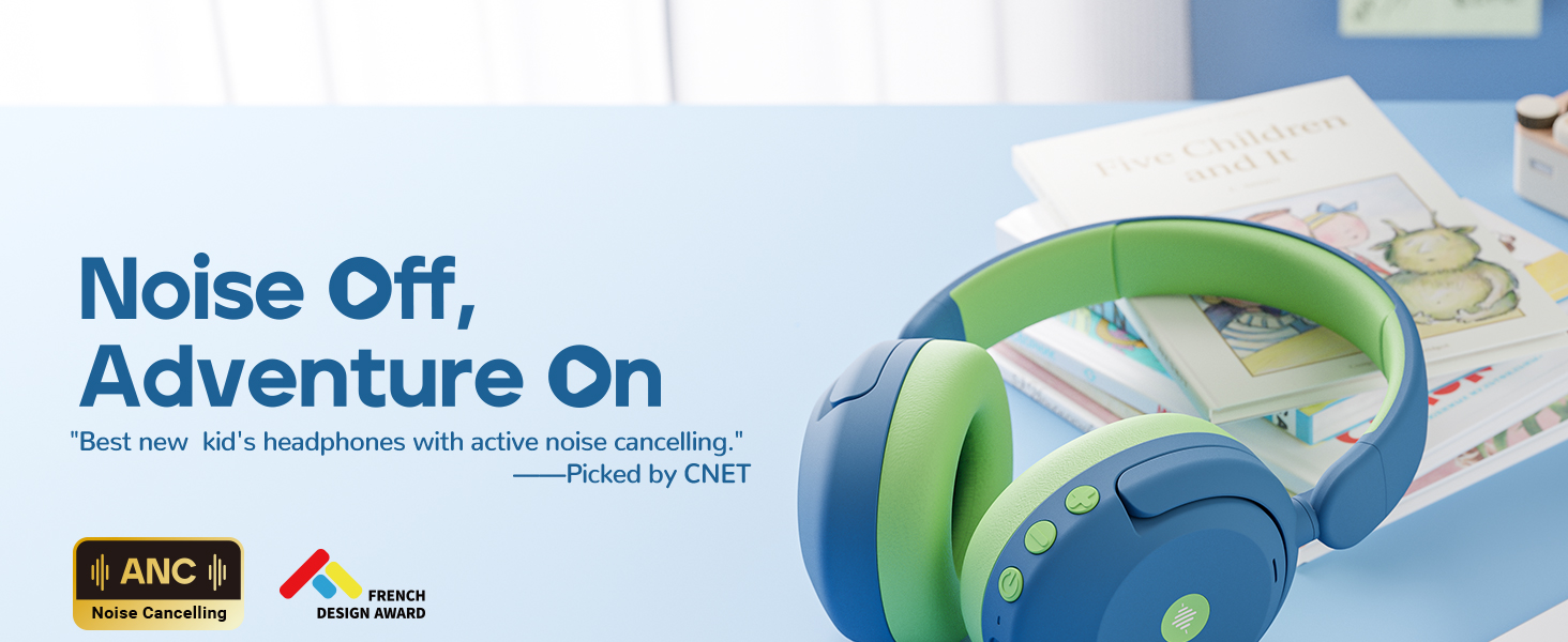 iClever Бездротові навушники з шумозаглушенням для дітей Bluetooth, 60 годин роботи, 80дБ безпечний рівень гучності, зручна посадка, Bluetooth 5.4, AUX кабель для подорожей, білий, зелений, блакитний