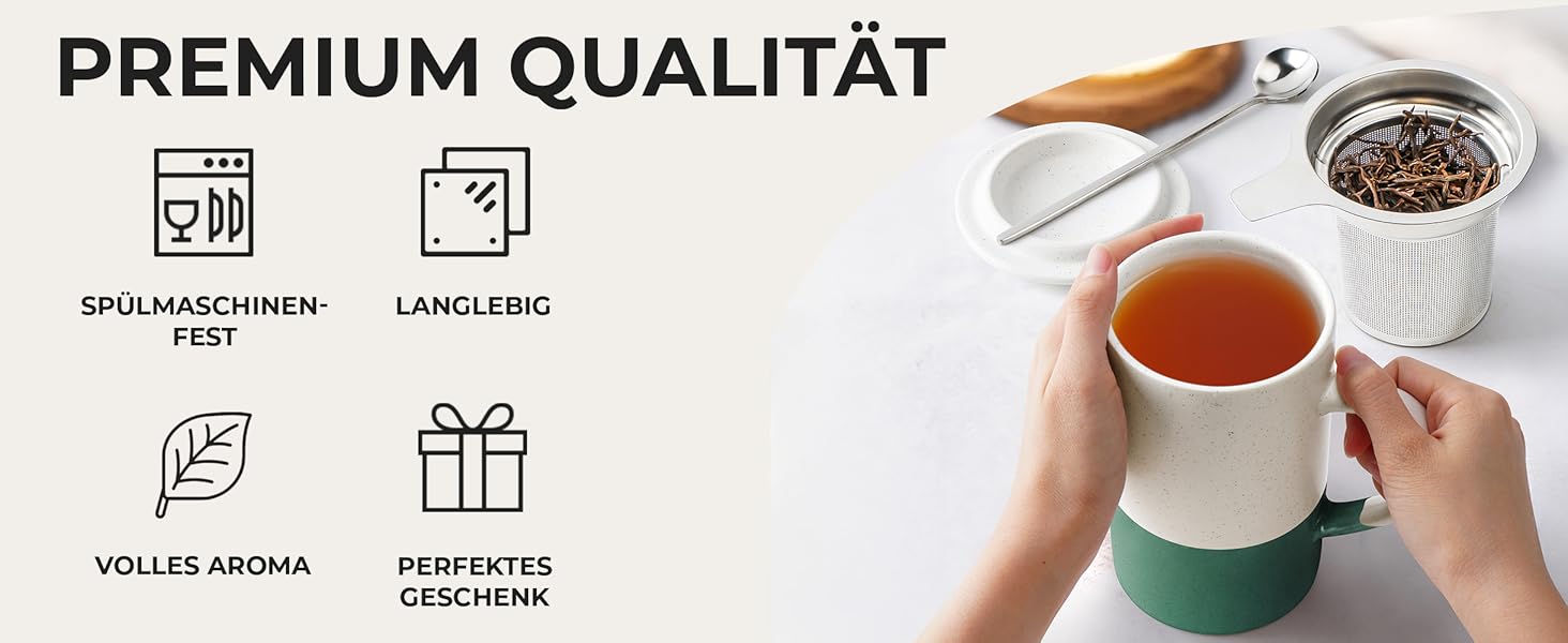 Набір чашок для чаю Miamio 2 шт по 500 мл з кришкою та ситом, керамічні чайники з чайним ситом та ложкою для заварювання листового чаю, подарунок для жінок, безпечні для мікрохвильової печі та посудомийної машини (Темно-зелений)