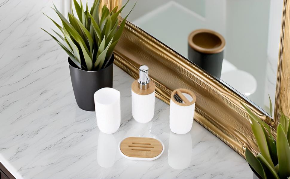 Набір аксесуарів для ванної кімнати на 4 предмети: тримач для зубних щіток, мильниця, дозатор для лосьйону, стакан для ополіскувача, сучасна сантехніка для дому та готелю (білий)