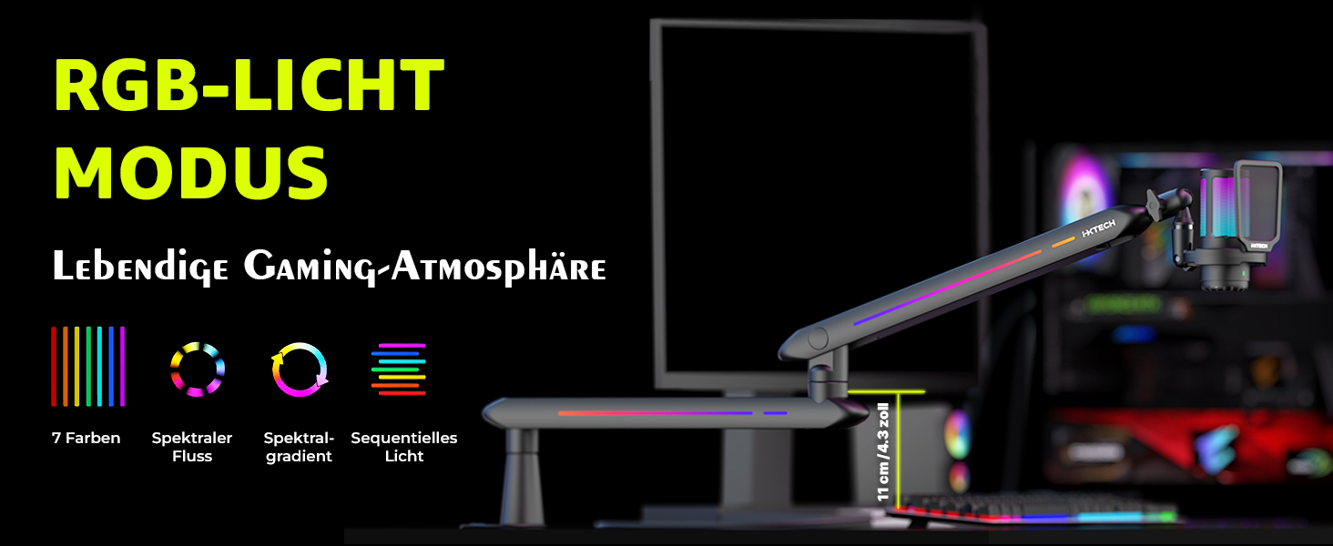 Кріплення для мікрофона IXTECH RGB Low Profile з регулюванням, настільний стійка з кріпленням, поворотний мікрофонний тримач з кабельною організацією для стрімінгу та подкастів, 4 ящірки RGB