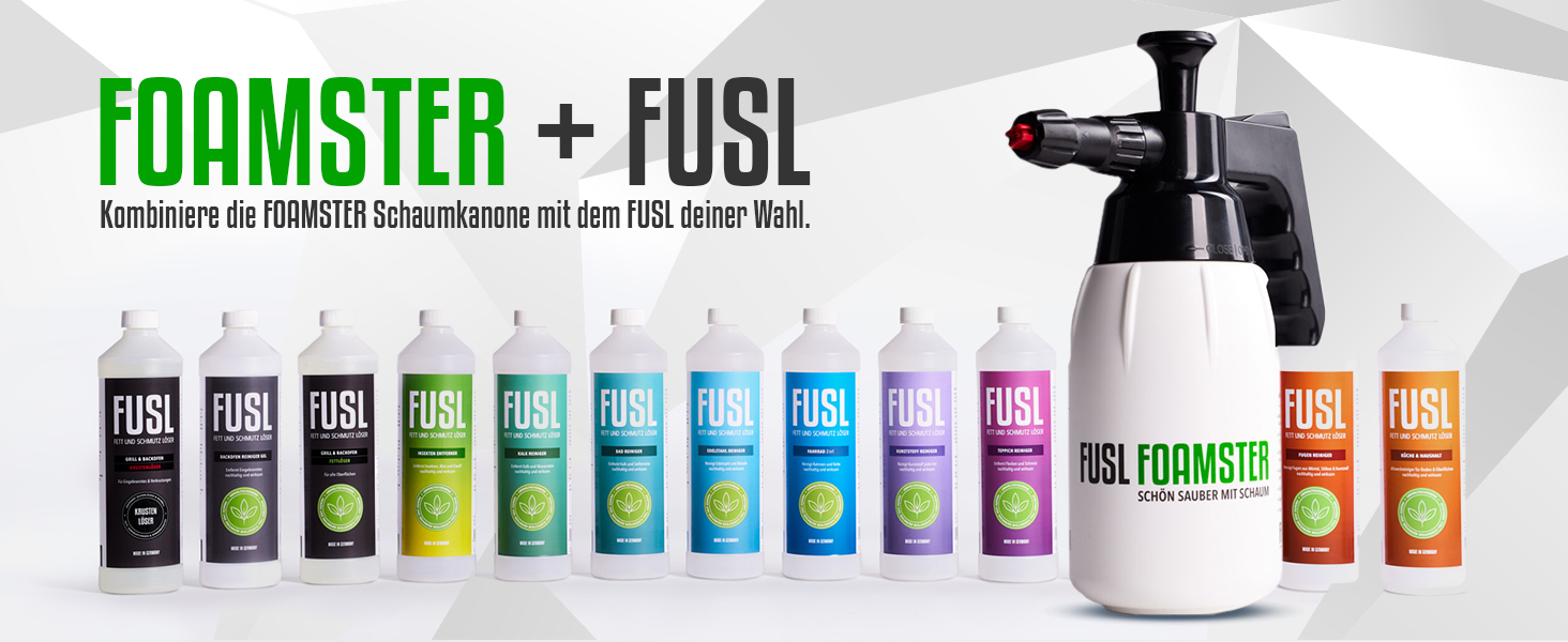 FUSL Grill Cleaner Set – FOAMSTER Foam Cannon + 1L Crust Remover – Extra Strong Grill Cleaner for Gas Grill, Smoker & Grill Grate – Biodegradable & Effective – Made in Germany