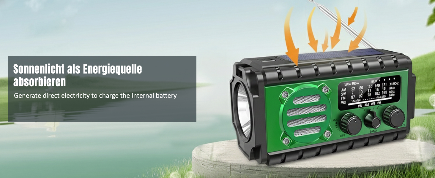 Радіо на сонячній батареї Solar Kurbelradio 20000mAh: FM/AM/SW, ліхтарик, зарядка USB, SOS-сигнал, для кемпінгу та надзвичайних ситуацій (зелене)