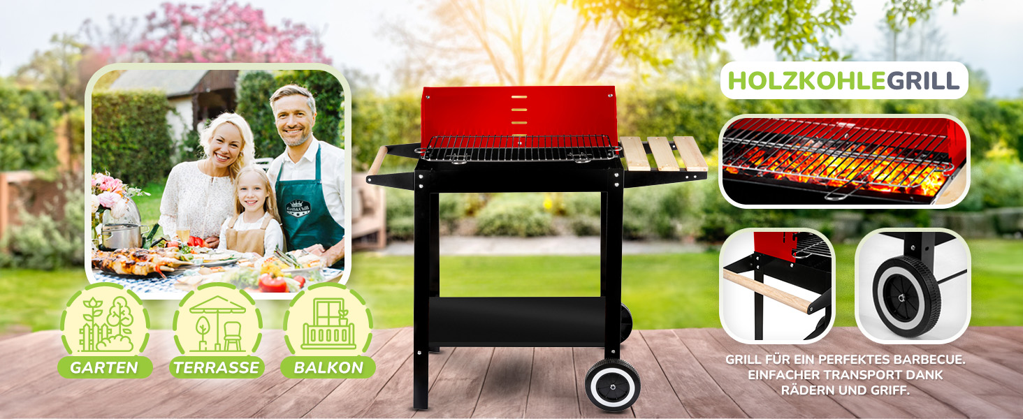 Вугільний гриль Five-Star Grill&Chill, садовий, хромована решітка 50×26,5 см, 2 колеса, модель GC0010