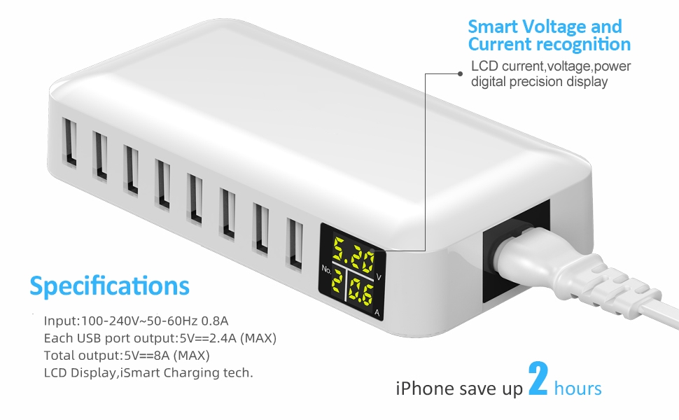 Зарядний пристрій USB 8 портів 5V/2A з індикатором для iPhone, Samsung, Xiaomi - мережевий адаптер для швидкої зарядки