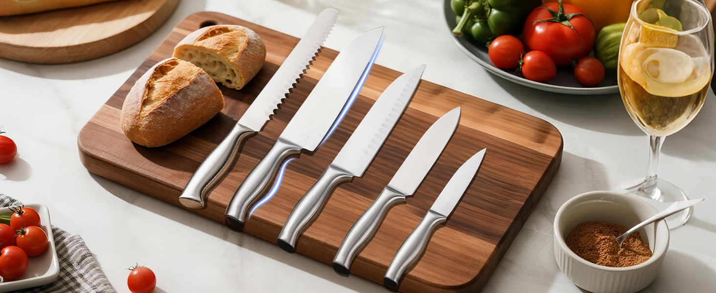 Fimaten 6-Piece Wooden Knife Block Set - Kitchen Knife Set with Chef's Knife, Santoku Knife, Bread Knife, Fruit Knife, Utility Knife & Sharpener