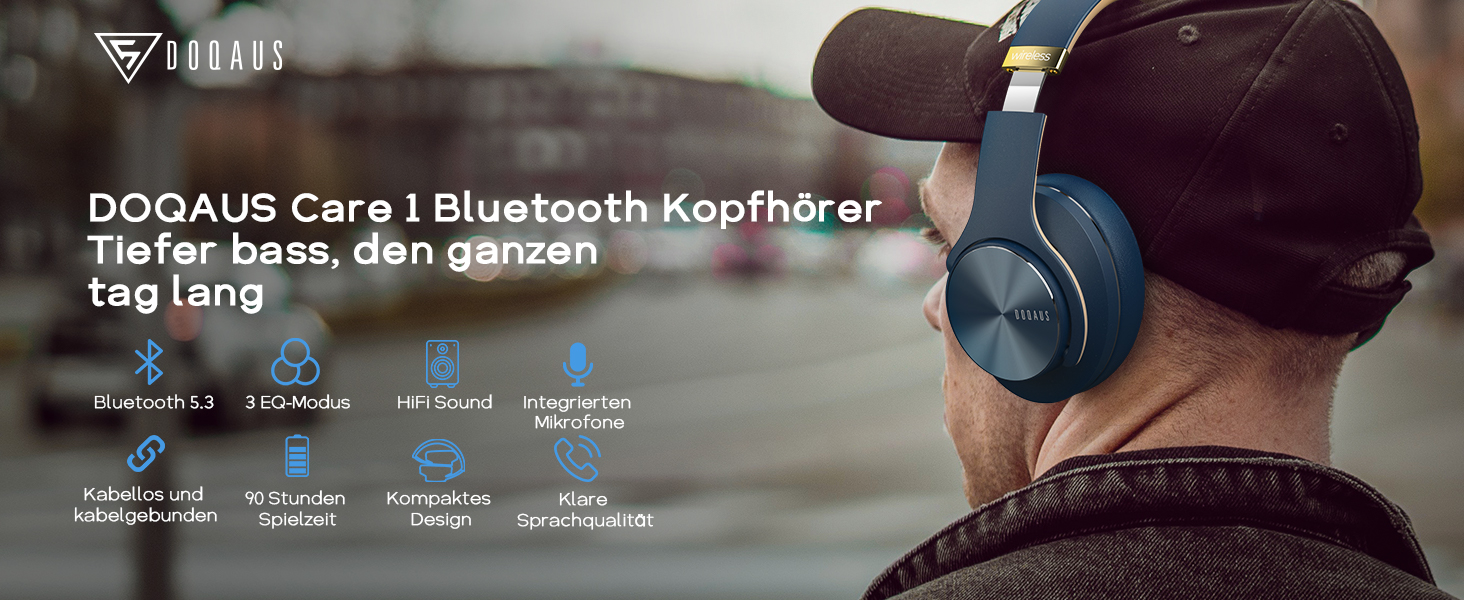 DOQAUS Bluetooth навушники Over-Ear: 90 годин роботи, 3 режими EQ, HiFi стерео, мікрофон, для подорожей/офісу/телефону/ПК/ноутбуків - Navy Blue