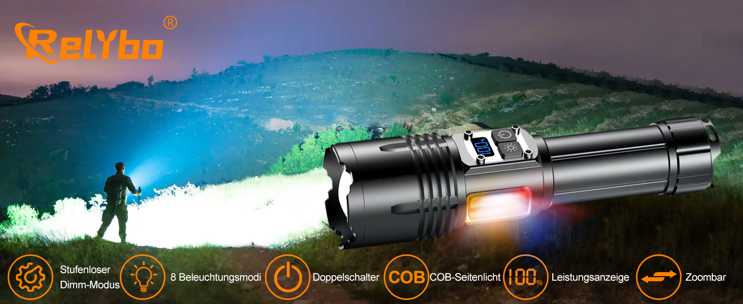 Ліхтарик LED акумуляторний, тактичний, 500000 люмен, 9 режимів, COB бічне світло, USB-C, для кемпінгу та надзвичайних ситуацій, чорний