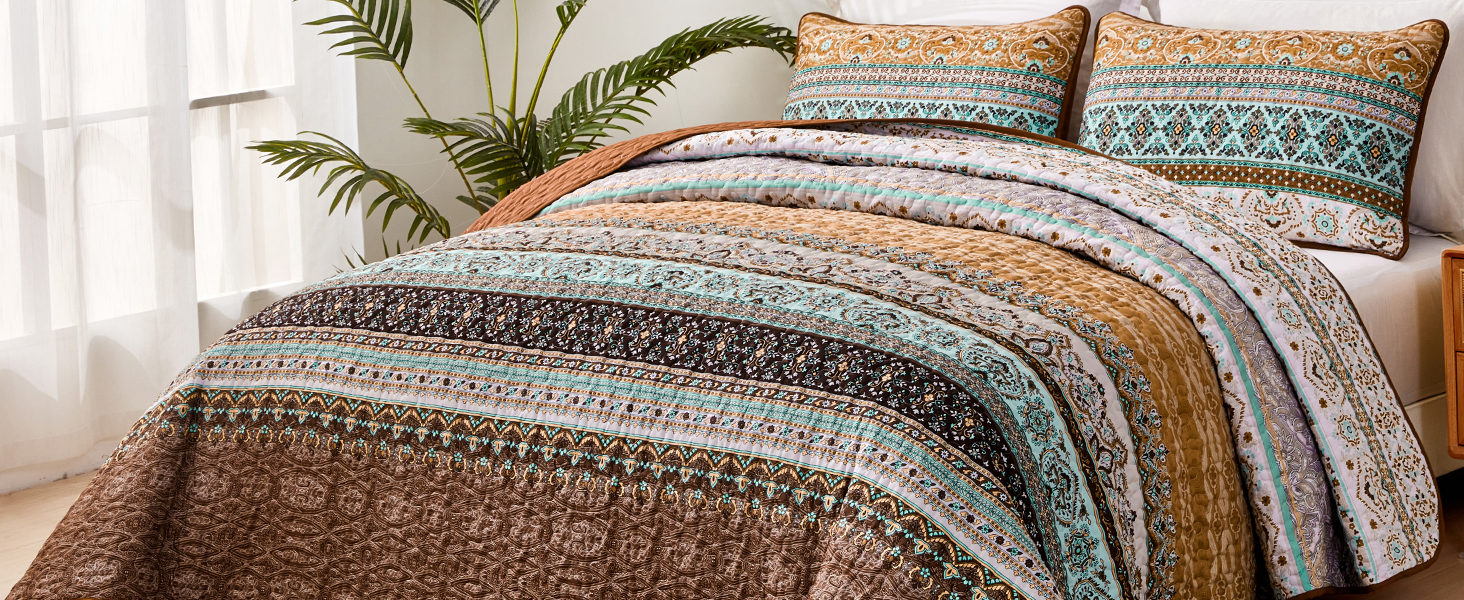 Покривало WONGS BEDDING 220x240 см Boho, стьобане, мікрофібра, 3 предмети: покривало та 2 наволочки 50x70, для двоспального ліжка, коричневе, для спальні чи дивана