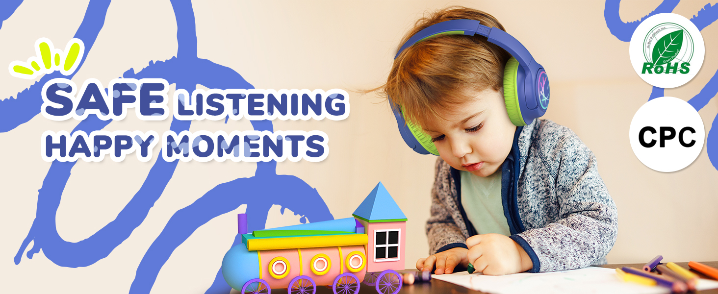 iClever Бездротові навушники для дітей з LED-підсвіткою, обмеження гучності 74/85 дБ, 43 години роботи, стерео звук, Type-C, AUX-кабель, Bluetooth 5.3, для планшетів/подорожей (зелено-блакитний)