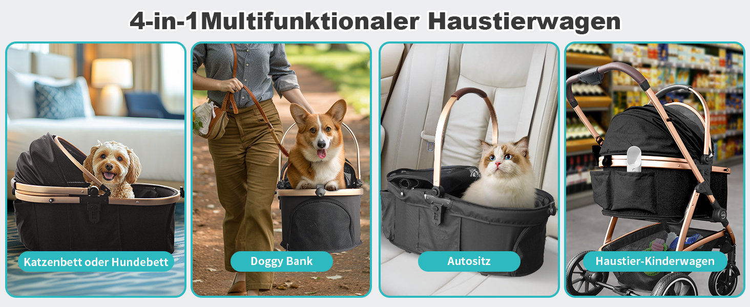 Трансформер для собак, візок-кішочка, складний, до 25 кг, з алюмінієвим каркасом, поворотні колеса, гальма, страховка, зручне сидіння (Чорний)