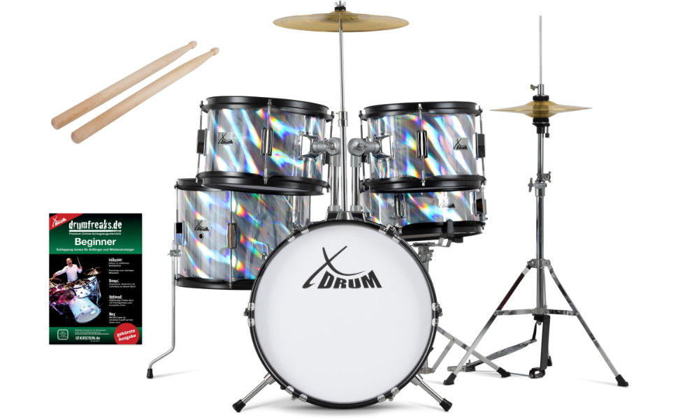 XDrum Junior Pro Kinder барабанний комплект Red - для дітей 5-9 років - з аксесуарами та навчальним посібником (Laser Silver, Single)
