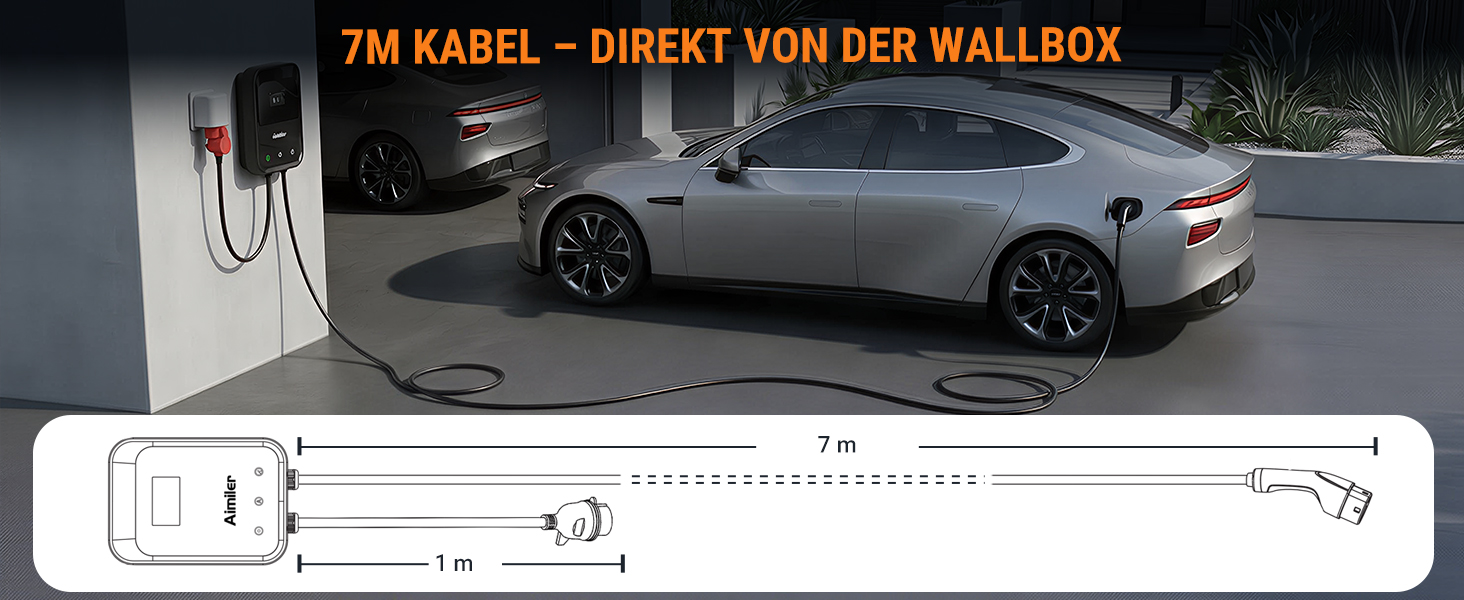 Зарядна станція для електромобілів AIMILER Wallbox 11кВт, 3-фазна, Type 2, кабель 7.6м, з лічильником електроенергії, App-керуванням та захистом RCBO, IP66, чорна