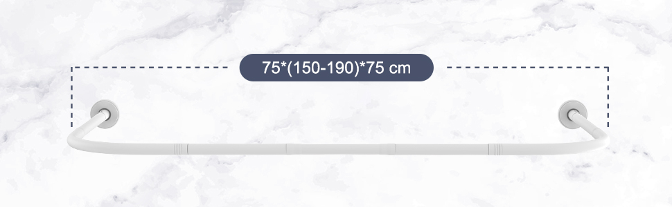 Штанга для душу U/L форми, 75x(150-190)x75 см - 2 в 1 (душова завіса, ванна, кут) - без кріплення до стелі, 24 кільця з нержавіючої сталі (біла)