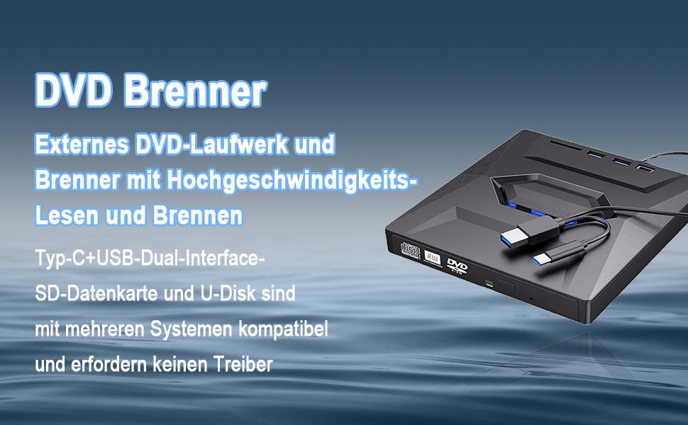 Зовнішній CD/DVD привід для ноутбука та ПК USB 3.0 & Type-C, DVD-RW записувач з картридером SD/TF та USB-хабом для Windows, Linux, Vista