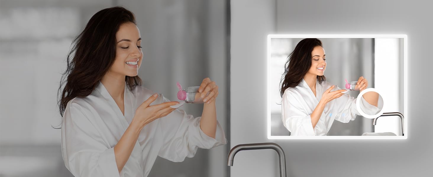 Дзеркало для ванної кімнати SONNI з підсвічуванням 80x60 см, 3 кольори світла, проти запотівання, LED, сенсорна кнопка, годинник, температура, 3-кратне збільшення