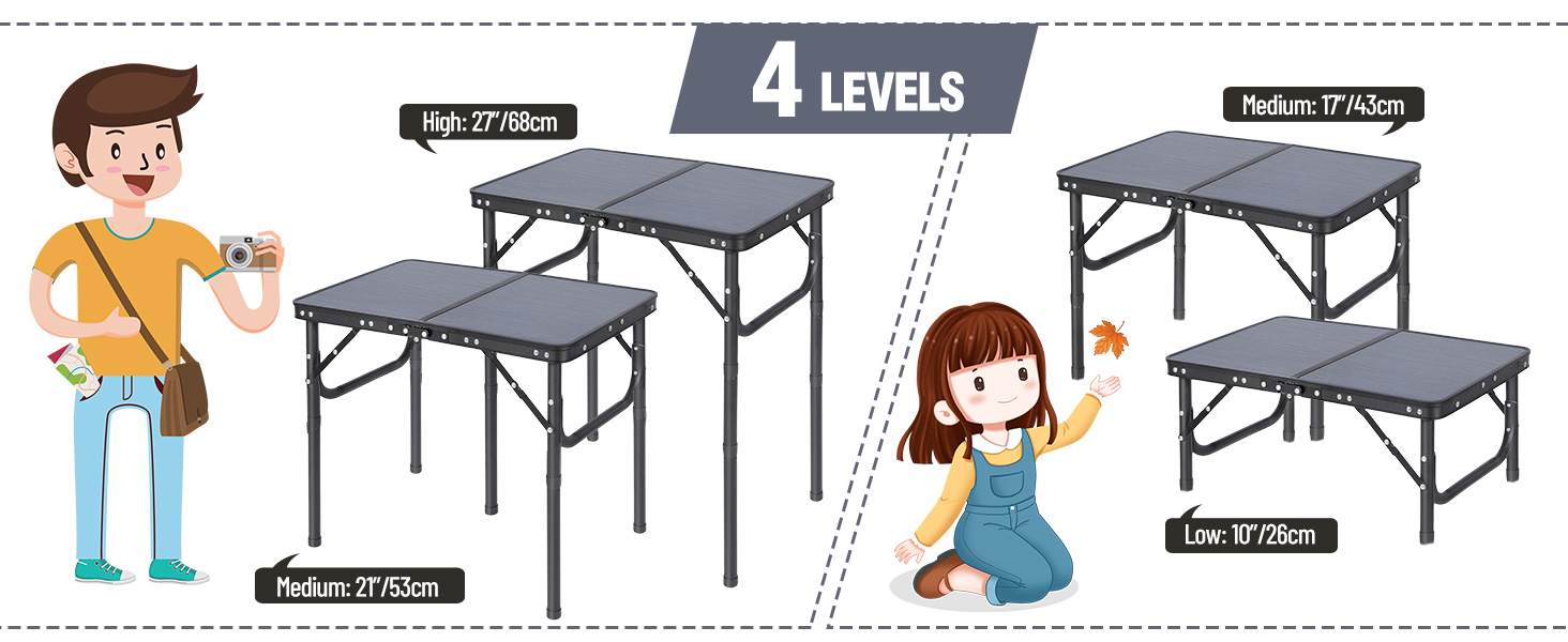 REDCAMP Складаний столик з регулюванням висоти, легкий портативний туристичний столик 60 x 40 см (4 рівня висоти) з сітчастою поверхнею, для дому та вулиці, балкона, ринку, кухні, темно-сірий, 60*40 см (4 рівня)