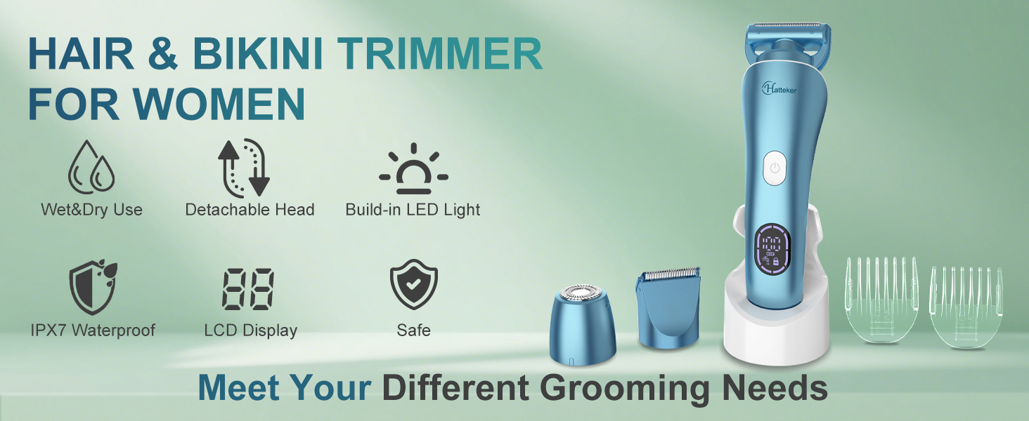 Електричний епілятор Hatteker 3-в-1 для жінок: тример, брітор та епілятор. З LED-дисплеєм, IPX7, USB-зарядка (Блакитний)