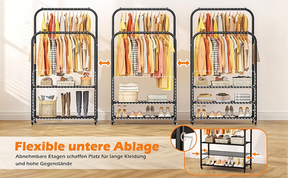 Вішалка для одягу HOMIDEC з 3 полицями, подвійна штанга на колесах, металевий каркас, чорна. Макс. навантаження 80 кг