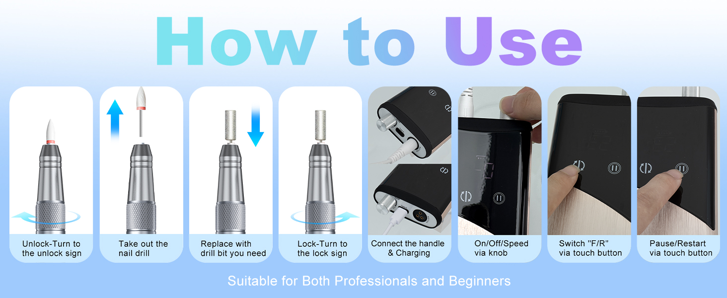 Професійний фрезер для нігтів ENGERWALL M95G: 40000 об/хв, акумулятор 24 год, бездротовий, з LCD, для гелю та акрилу