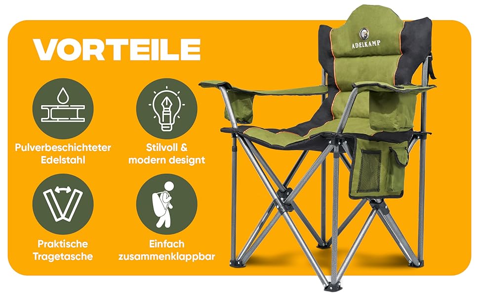 Складний туристичний стілець ADELKAMP з товстим м'яким сидінням, висока вантажопідйомність 150 кг, з сумкою-холодильником та тримачем для напоїв – переможець тесту 2024, преміум-якість, оливковий колір