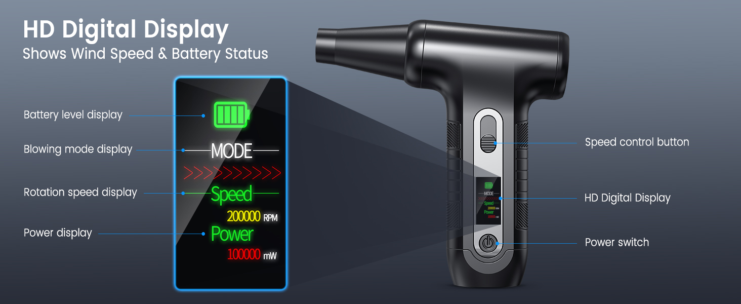 Електричний пилосос для повітря з HD-дисплеєм - Air Duster 200000 RPM з LED-підсвічуванням, міні-пилосос на акумуляторі, спрей стисненого повітря для чищення ПК, повітряний пилосос для клавіатури, дому, авто, W06 (чорний)