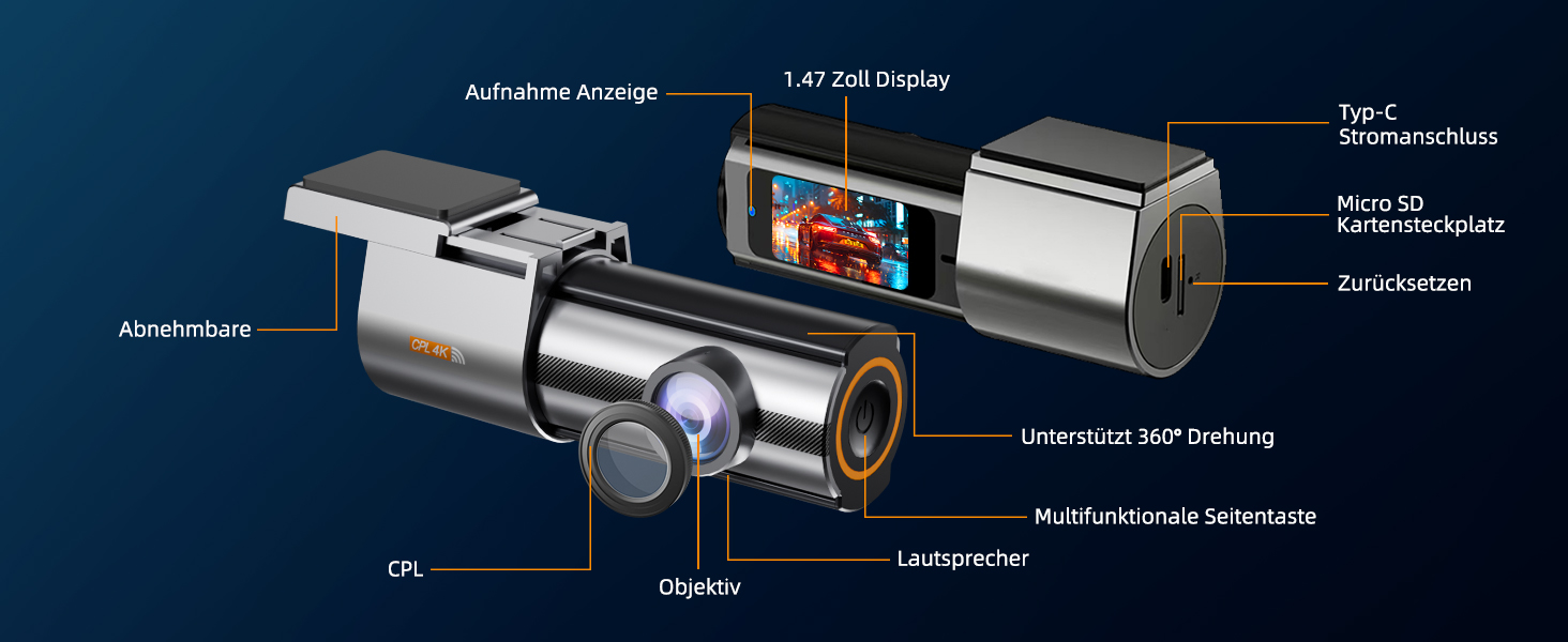 Відеореєстратор Auto Dashcam 4K WiFi 360° з CPL, 64GB SD, IPS Mini камера з Super Night Vision, WDR, 170° та G-Sensor