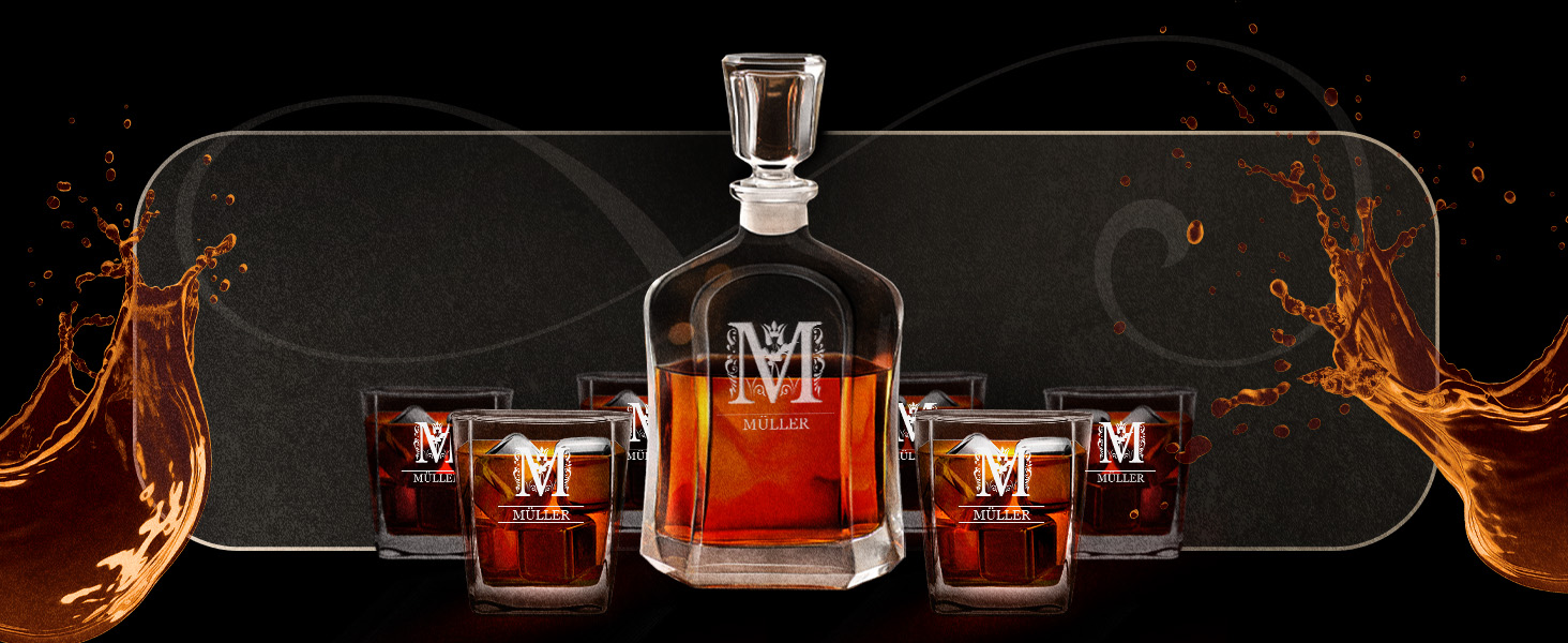 Maverton Whiskey Decanter + 2/4/6 Whiskey Glasses Set with Engraving - 700ml Whiskey Decanter - Christmas Gifts - Anniversary Gift for Couple - Monogram