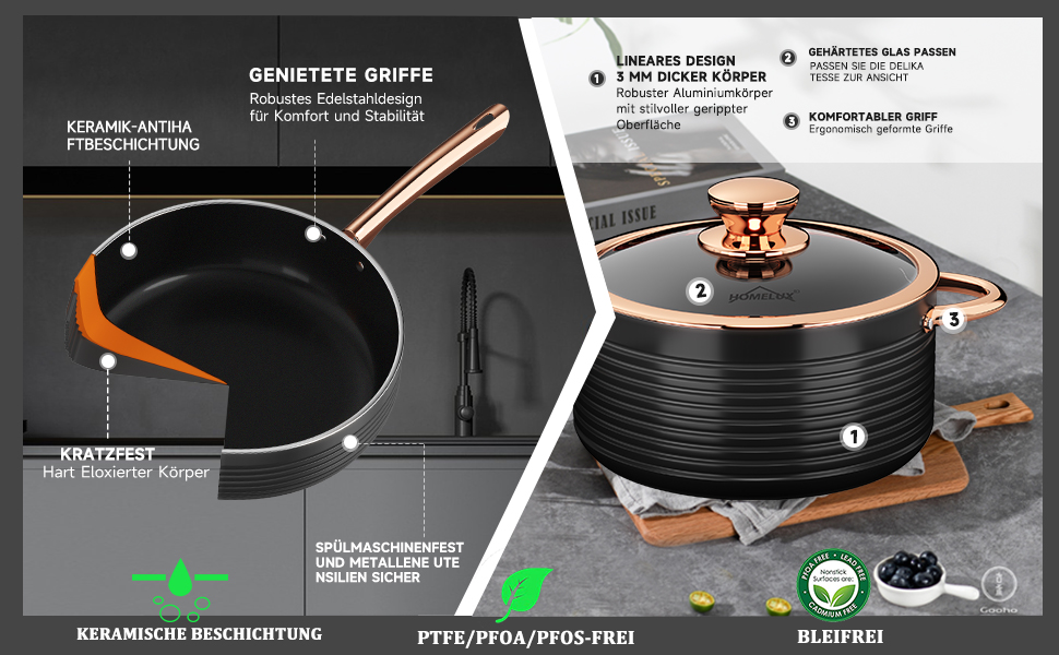 Набір каструль та сковорідок HOMELUX Induktion, 12 шт., алюміній, антипригарне покриття, з кришкою, для індукційних плит, PFOA & PFOS-free