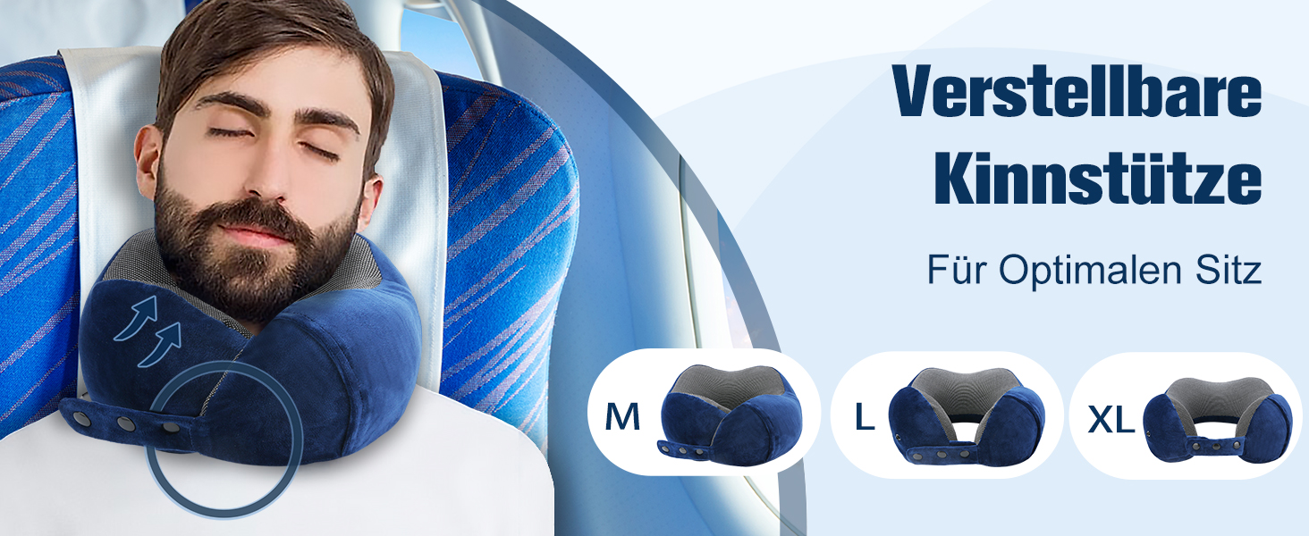 Подушка для шиї у літак, доросла, з піною-пам'яттю, регульована, компактна, ергономічна, м'яка, дихаюча, з навушниками, маскою для очей, чохлом (Блакитна)