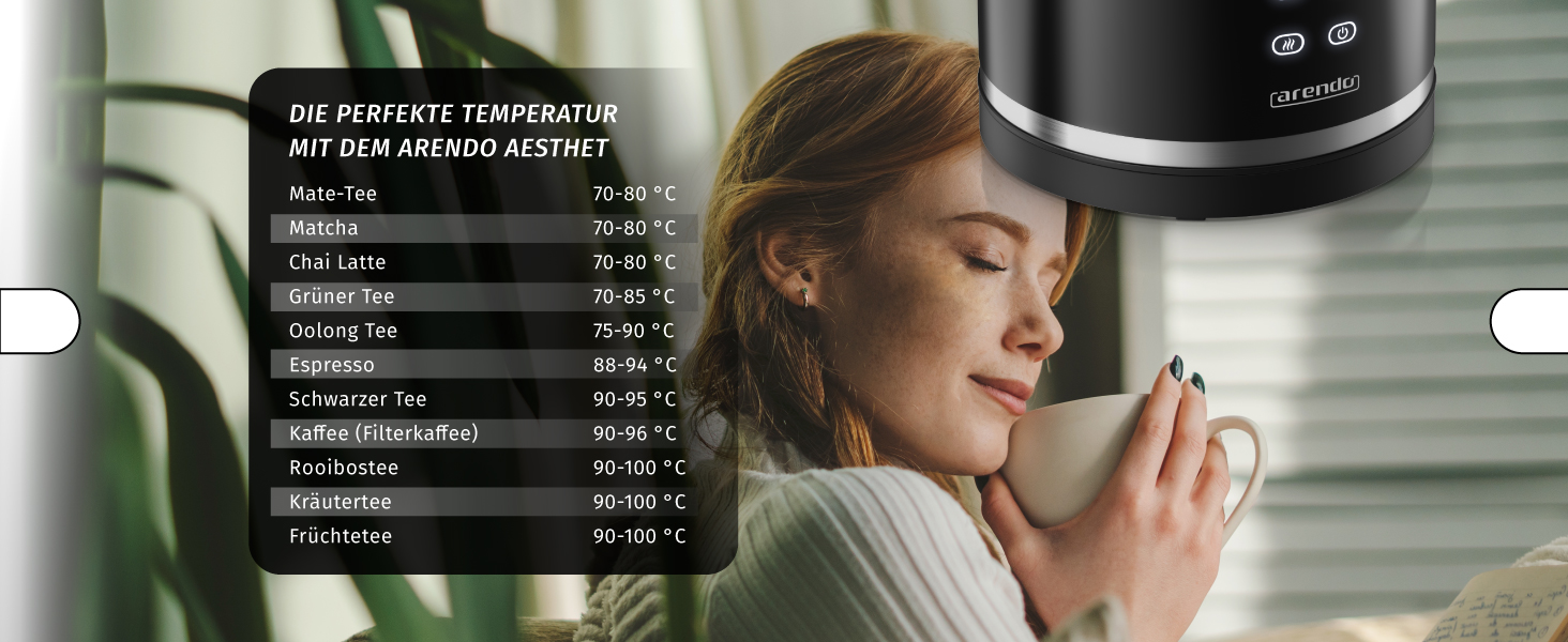 Електричний чайник Arendo з регулюванням температури, нержавіюча сталь, подвійні стінки Cool Touch, дисплей, бездротовий, 2200 Вт, 1,7 л, захист від перегріву, функція підтримання тепла, чорний