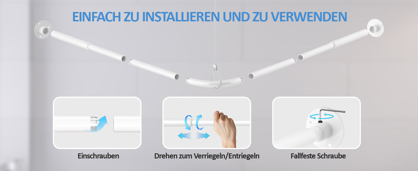 Регульована штанга для душу L-подібної форми, 60-134 см, з кріпленням для завіси та підставкою для стелі, для ванни/ванної кімнати, білий, монтаж вимагає свердління