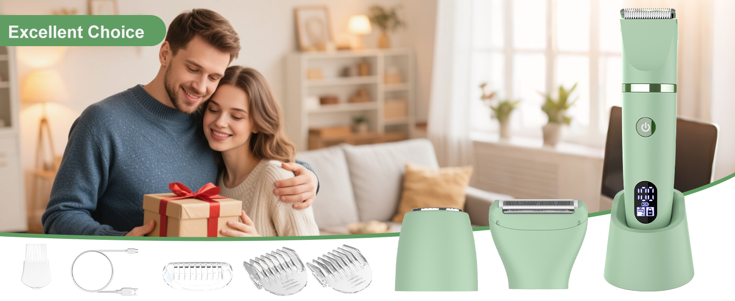 Електричний жіночий триммер для тіла 3-в-1: обличчя, ноги, зона бікіні. Вологостійкий, з LCD-дисплеєм (зелений)