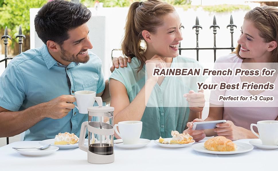 Френч-прес RAINBEAN для кави та чаю, 350 мл, боросилікатне скло, з трьома фільтрами з нержавіючої сталі, термостійкий, білий