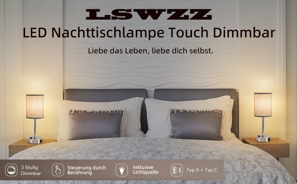 LED-лампа на тумбочку з торшером, сенсорне керування, USB-порт A+C, тканинний абажур, металева основа, для спальні, офісу, вітальні, з лампочкою (сіра)