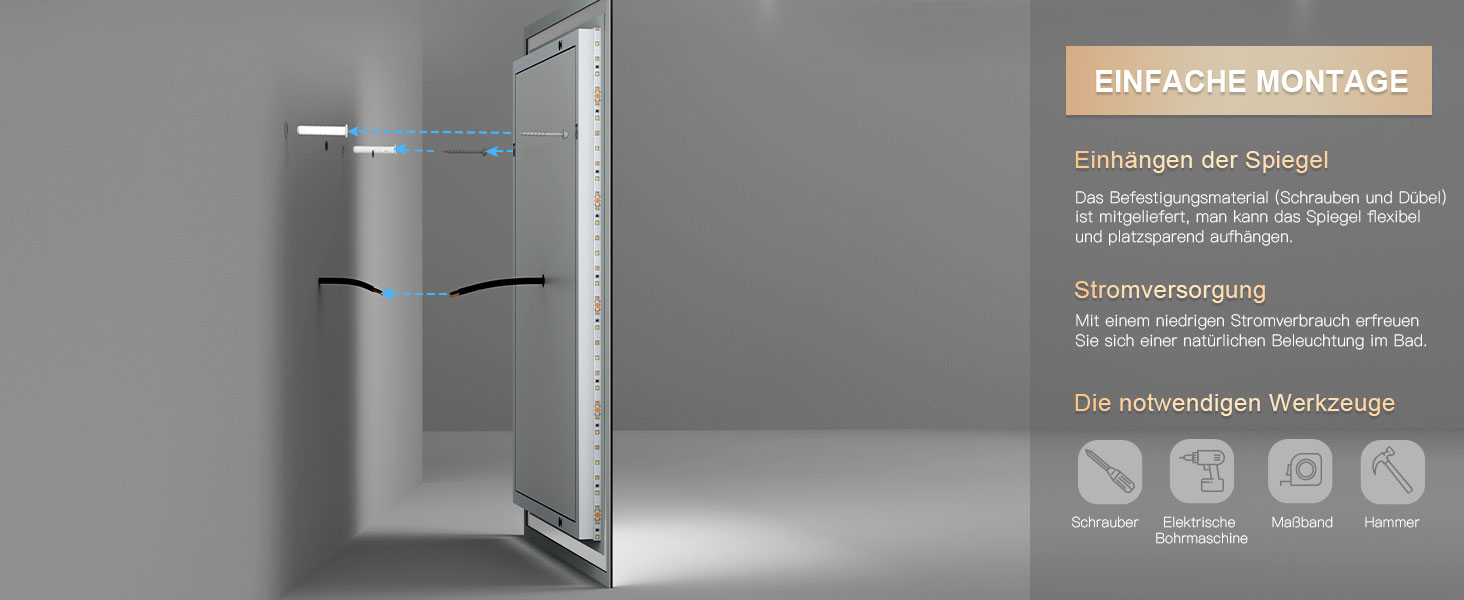 Дзеркало для ванної кімнати з підсвічуванням LED, 50x70 см, сенсорне керування, протитуманне покриття, 6400K, енергозберігаюче