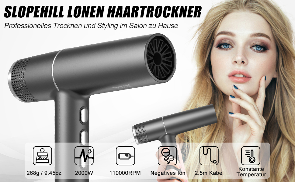 Фен Slopehill з унікальним безщітковим мотором | Інтелектуальна діагностика несправностей | Інноваційний мікрофільтр | Oxy Active Technology | LED-дисплей | 268г, 2000W (Сірий)