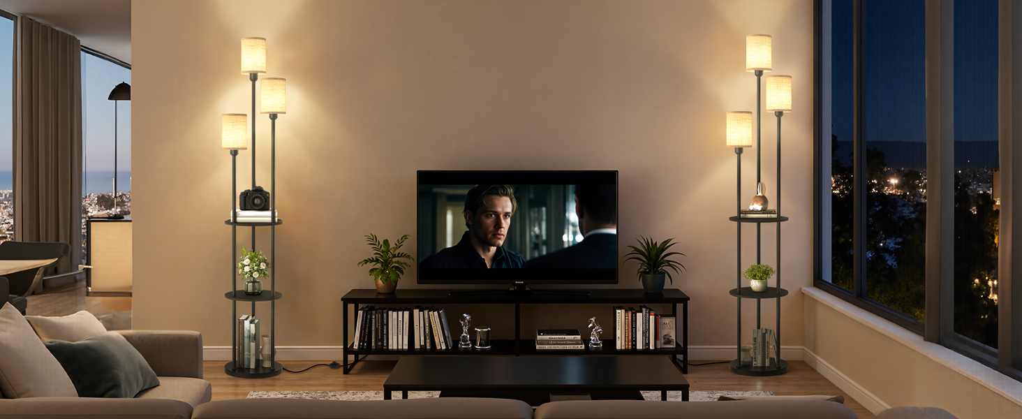 Стельова лампа для вітальні з поличкою, 3-хламкова лампа на ніжці з полицею Vintage, Бохо підлогова лампа з дерева з вимикачем на ніжці, патрон E27, ретро-дизайн, рустикальний коричнево-бежевий колір ZEF53LDD05 (Бежевий, Чорний)